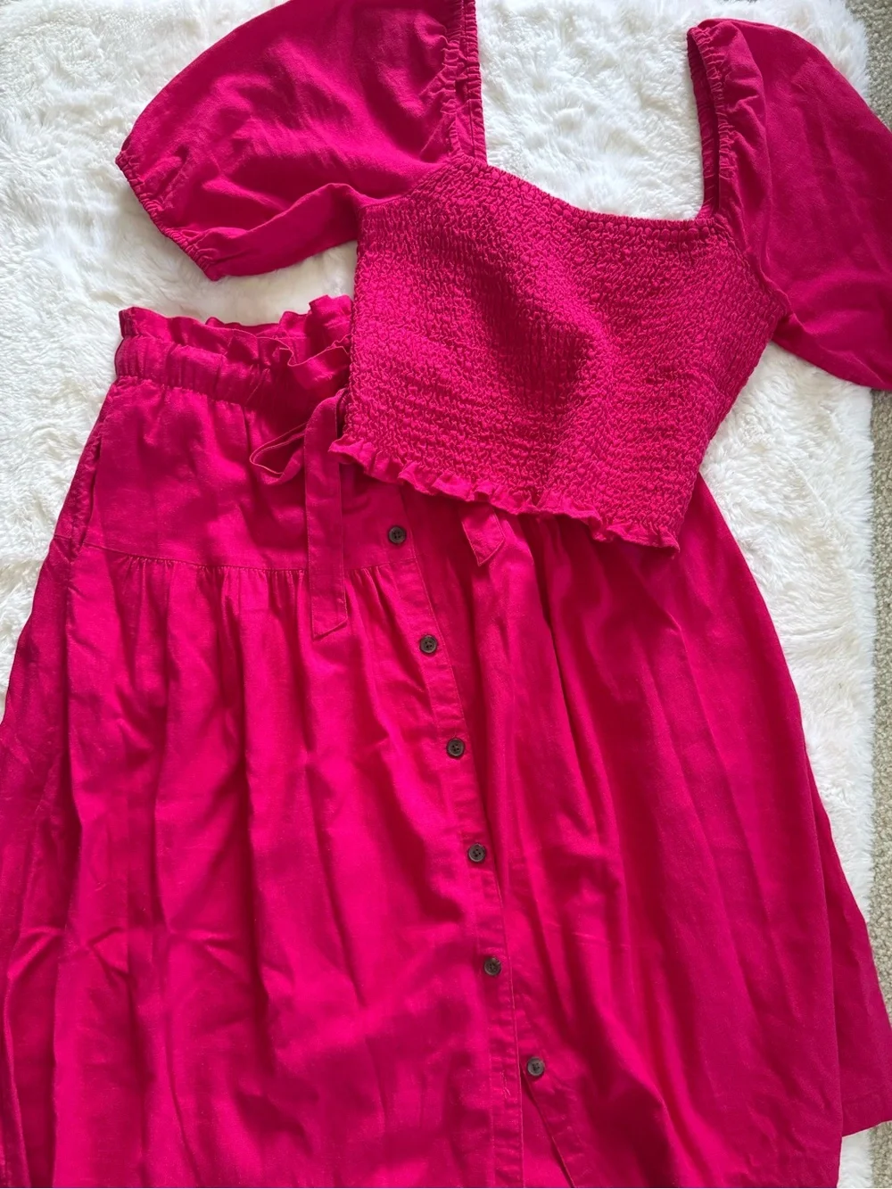 Linen Blend Off-Shoulder Smocked Crop & Midi Skirt Set in Fuchsia Pink